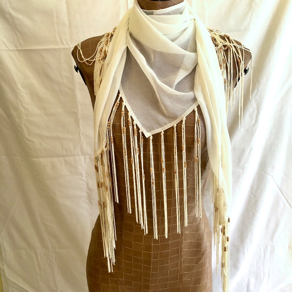 NWOT Cream Colored, Beaded Fringe Scarf/Wrap By Cejon